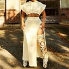Set: Cap-sleeve Cropped Hoodie + Slit Maxi A-line Skirt
