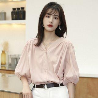 Puff-sleeve V-neck Button-up Blouse