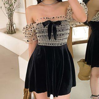 Off-shoulder Dotted Panel Swimdress