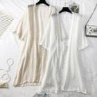 Open-front Lace-trim Linen Cardigan