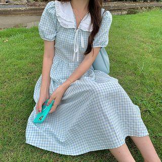 Puff-sleeve Check Midi A-line Dress Plaid - Blue - One Size