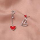 Heart Sterling Silver Asymmetrical Earring 1 Pair - Red - One Size