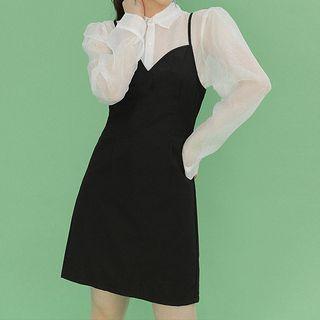 Long-sleeve Mesh Blouse / Spaghetti Strap Mini A-line Pinafore Dress