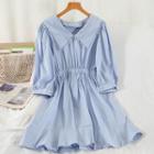 Elbow-sleeve Lace Trim Collared Mini A-line Dress