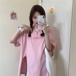 Round-neck Lettering Slit Short-sleeve Top