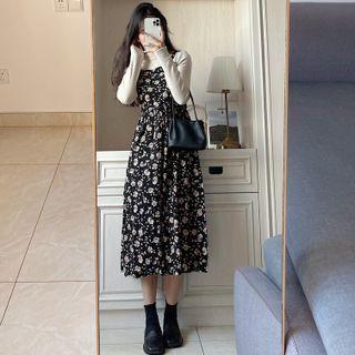 Spaghetti Strap Floral Midi A-line Dress / T-shirt / Set