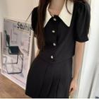 Short-sleeve Peter Pan Collar Cropped Top / High-waist Asymmetrical Pleated Mini Skirt