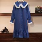 Lace Trim Long-sleeve Collared Dress