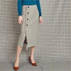 Fringe-trim Glen-plaid Long Skirt