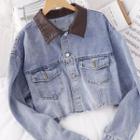 Contrast-collar Cropped Denim Jacket Blue - One Size