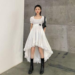 Short-sleeve Lace Trim Dip-back Mini A-line Dress