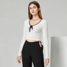 Long-sleeve Contrast-trim Bow-accent Crop Top