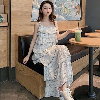 Spaghetti Strap Maxi Layered Dotted Dress White - One Size