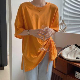 Short-sleeve Plain Drawstring Slit T-shirt
