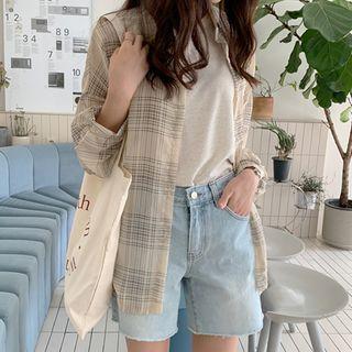 Drop-shoulder Long Plaid Shirt Light Beige - One Size