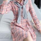 Set: Plaid Long-sleeve A-line Dress + Scarf