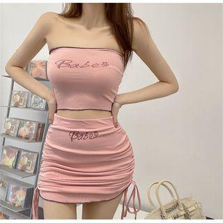 Rhinestone Lettering Tube Top / Drawstring Mini Fitted Skirt
