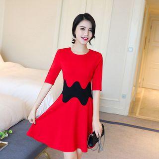 Elbow-sleeve Two-tone A-line Dress