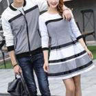 Couple Matching Color Panel Zip Jacket / Long Sleeve A-line Dress