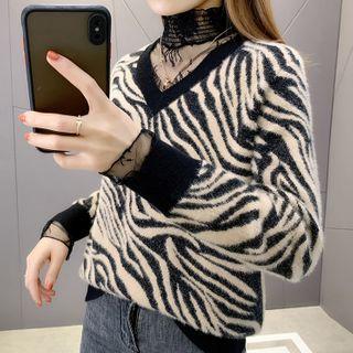 High-neck Mock Two-piece Leopard Knit Sweater Leopard - One Size