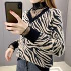 High-neck Mock Two-piece Leopard Knit Sweater Leopard - One Size