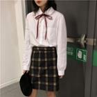 Plain Shirt / Midi Pleated Skirt / Plaid A-line Skirt