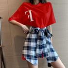 Set: Short-sleeve Lettering T-shirt + Plaid Tie-front Mini Skirt
