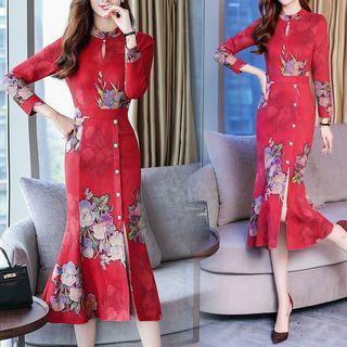 Long-sleeve Flower Print Flare Hem Sheath Dress