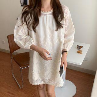 3/4-sleeve Embroidered Mini A-line Dress Almond - One Size