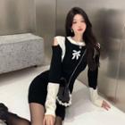 Long-sleeve Cold-shoulder Two-tone Slim-fit Knit Dress Black - One Size