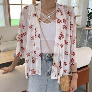 Elbow-sleeve Floral Print Open-front Light Jacket Red Flowers - White - One Size
