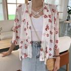 Elbow-sleeve Floral Print Open-front Light Jacket Red Flowers - White - One Size