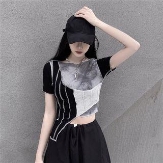 Asymmetrical Tie-dye Print Panel Cropped T-shirt Black - One Size