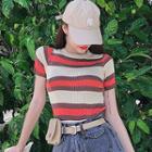 Short-sleeve Striped Knit Top Almond - One Size