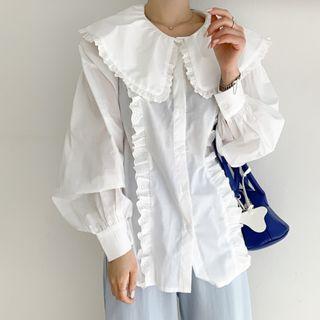 Lantern-sleeve Collared Plain Frill Trim Blouse White - One Size