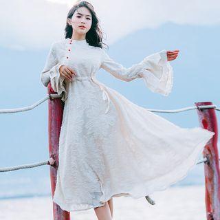 Long-sleeve Flocked Midi Dress