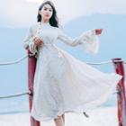 Long-sleeve Flocked Midi Dress
