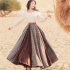 Set: Cable Knit Sweater + Plaid Maxi A-line Skirt