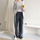 Striped Long-sleeve T-shirt / Color Block Wide Leg Pants