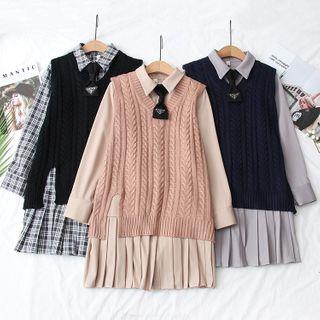 Set: Cable Knit Vest + Plaid A-line Shirtdress