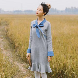 Tie-neck Long Sleeve Knit Dress Gray - One Size