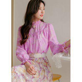 Shirred Fringed-flower Gingham Blouse