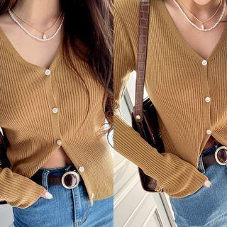 V-neck Rib-knit Cardigan Dark Beige - One Size