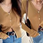 V-neck Rib-knit Cardigan Dark Beige - One Size