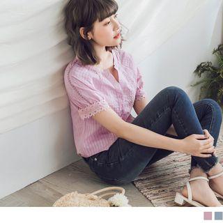 Stand Collar V-neck Lace Panel Blouse