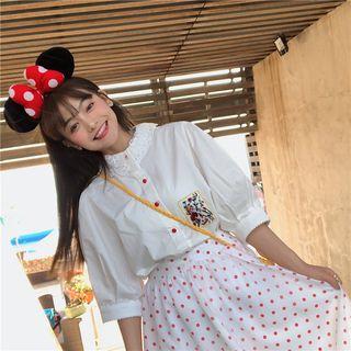 Embroidered Puff-sleeve Blouse / Dotted Mesh Skirt