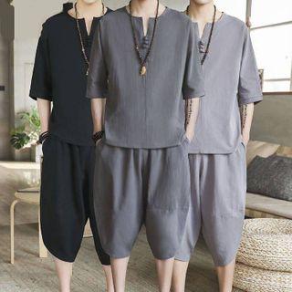 Set: Elbow-sleeve V-neck Linen Shirt + Capri Pants