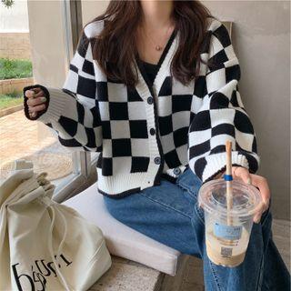 V-neck Checkered Cropped Cardigan