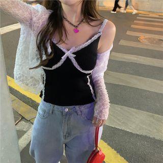 Long-sleeve Lace Cardigan / Lace Trim Camisole