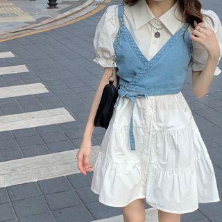 Puff-sleeve Ruffled A-line Dress / Denim Camisole Top